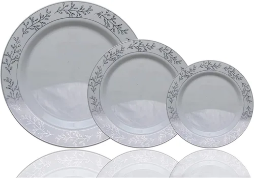 Miniatura 7 de Exquisite Juego de 60 cuencos de plástico desechables de alta calidad de 14 onzas. Los platos llanos cuentan con un fondo blanco clásico con un