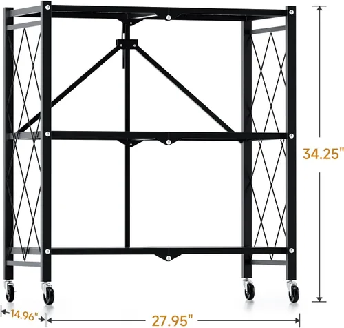 Miniatura 7 de HealSmart Estantería plegable de metal resistente de 3 niveles con ruedas, estantes organizadores para garaje y cocina con capacidad de hasta 750