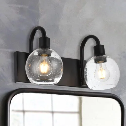 Miniatura 2 de Luz de tocador de baño con vidrio esmerilado en forma de globo de 2 luces, aplique de pared industrial negro para vestíbulo o pasillo
