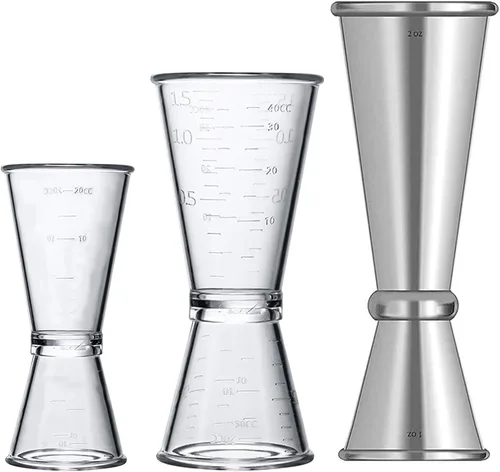 Doble plástico transparente y acero inoxidable estilo japonés Jigger cóctel vasos medidores bebida alcohol taza medida taza para bar fiesta cocina