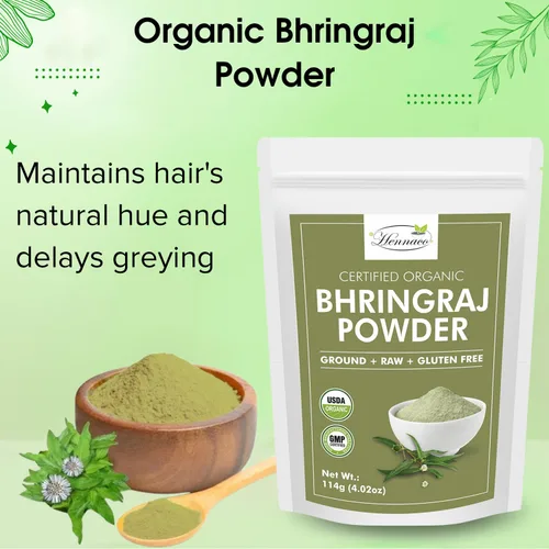 Miniatura 5 de Polvo orgánico de Bhringraj - Polvo de máscara capilar Bhringraj, bolsa resellable con cierre de cremallera, orgánico USDA, polvo bhringraj