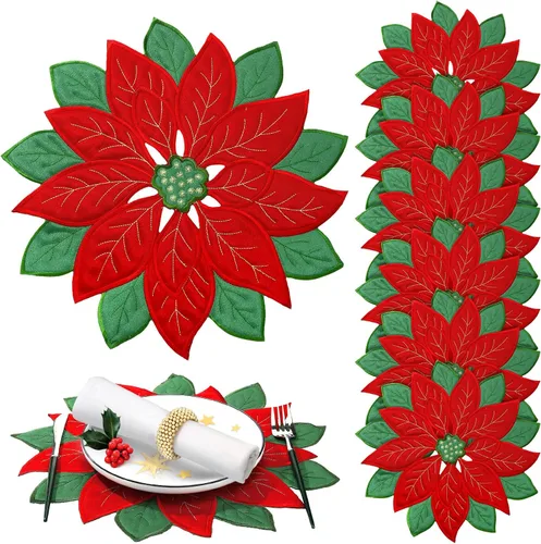 Ganeen 12 manteles individuales bordados de Navidad con apliques de flor de pascua roja para decoración de mesa en el hogar, comedor, día festivo