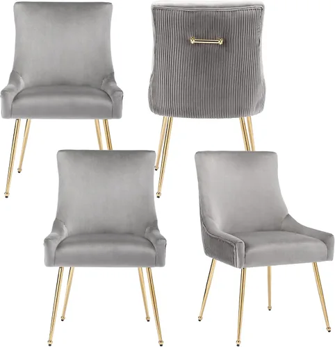Miniatura 12 de adochr Juego de 2 sillas de comedor modernas con patas de metal dorado, silla de cocina tapizada de terciopelo, respaldo plisado, silla decorativa