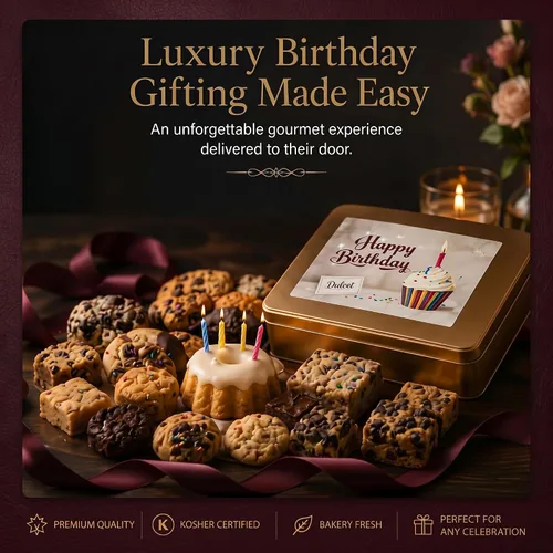 Miniatura 7 de Cesta de regalo gourmet de feliz cumpleaños, surtido de galletas y brownie recién horneados en elegante caja de lata reutilizable, regalos de comida