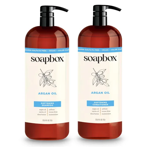 Juego de Champú y Acondicionador de Argán Soapbox, Voluminizador, Vegano, Protege el Color, Libre de Sulfatos Agresivos y Siliconas, 1 Litro Cada