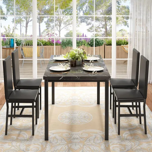 Miniatura 4 de Juego de mesa de comedor para 4, juego de comedor de mármol sintético de 5 piezas, 4 sillas tapizadas de poliuretano, muebles de mesa de cocina Negro