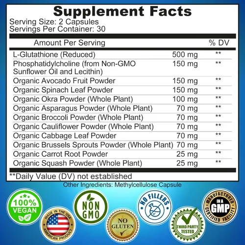 Miniatura 6 de Glutatión liposomal de 500 mg – Glutatión de forma activa L (reducido) para una máxima absorción – Hecho con alimentos integrales orgánicos – Master