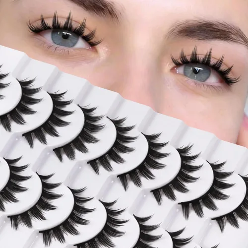 Miniatura 14 de Veleasha Pestañas rusas postizas con banda transparente que parecen extensiones de pestañas, tiras de pestañas con curvatura D, paquete de 10 pares