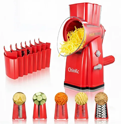 Miniatura 11 de Rallador rotativo de queso mejorado con asa, base de succión fuerte, rebanador giratorio multiusos con 5 cuchillas intercambiables para hielo, Verde
