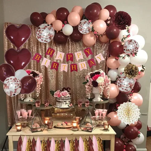 Miniatura 3 de Decoraciones de cumpleaños para mujer, decoraciones de fiesta de cumpleaños rosa con globos blancos, pancarta de feliz cumpleaños para despedida
