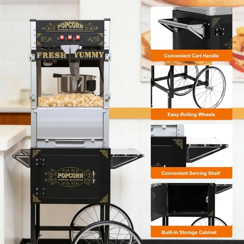 Miniatura 6 de Máquina de palomitas de maíz con carro, hervidor de acero inoxidable de 20 onzas, máquina para hacer palomitas de maíz estilo cine vintage para Negro