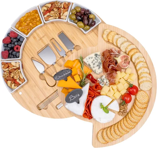 Miniatura 11 de ChefSofi Juego de tabla de charcutería y plato para servir queso, hecho de madera de acacia, juego de tabla de queso y cuchillos patentado por