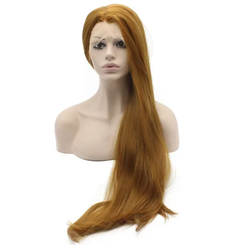 Miniatura 8 de Mxangel - Peluca de cabello sintético largo y lacio con encaje frontal, color negro, natural atado a mano, resistente al calor