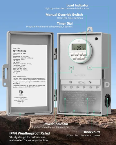 Miniatura 6 de DEWENWILS Temporizador para Bomba de Piscina, Caja de Temporizador Digital, 2HP 40A 120-277 VAC, Temporizador Programable de 7 Días con 20