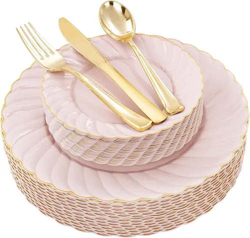 YOUBET 125 platos de plástico rosa con borde dorado, juego de platos de plástico festoneados que incluye 25 cenas, 25 platos de postre, 75 cubiertos