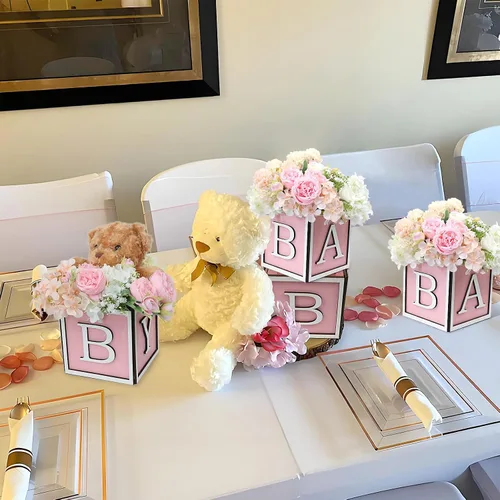 Miniatura 7 de Juego de 4 centros de mesa de baby shower para mesas, cajas de madera de 6 pulgadas con letras de bebé, cubos rústicos, bloques de madera para Rosa