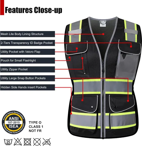 Miniatura 3 de Chaleco de seguridad reflectante para mujer, chaleco de malla de alta visibilidad con 8 bolsillos y cremallera frontal, chaleco de alta visibilidad