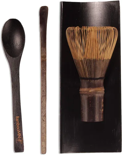BambooMN Juego de batidor de matcha - Chasen (batidor de té), Chashaku (cuchara de bambú con gancho), cuchara de té - negro