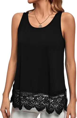 Miniatura 4 de LYANER Blusa sin mangas con dobladillo de encaje para mujer, cuello barco, sin mangas, con corte holgado