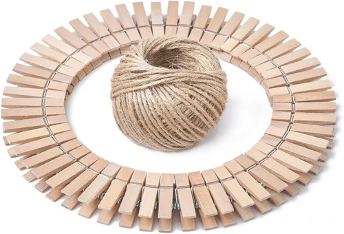 Miniatura 9 de HSTECH 100 piezas de mini pinzas de madera natural verde y 25 m de cuerda de yute, pinzas para ropa de bebé, pinzas de 3.5 cm para manualidades