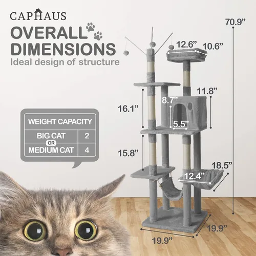 Miniatura 2 de CAPHAUS Árbol para gatos de varios niveles de 70 pulgadas de alto con bonita percha superior, postes rascadores, árbol de actividades para gatos