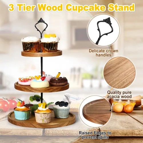 Miniatura 4 de Zopeal Juego de 3 soportes de madera para cupcakes de 3 niveles, bandeja de madera rústica para servir postres de granja, soporte para torre