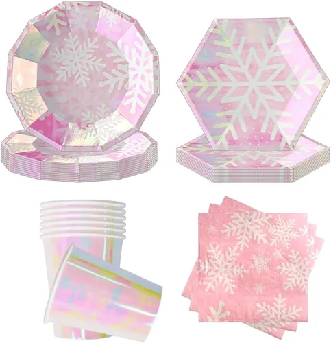 Miniatura 6 de Juego de suministros de fiesta de copo de nieve de Navidad sirve 16, suministros de fiesta temática rosa iridiscente, platos de papel de copo