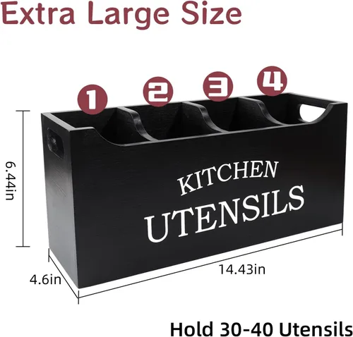Miniatura 4 de Soporte para utensilios de cocina de madera, extra grande, 4 compartimentos, con parte inferior de drenaje para encimera, organizador