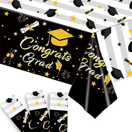Miniatura 2 de KatchOn, Manteles de graduación en blanco y negro – 108 x 54 pulgadas, paquete de 3 con platos de graduación y servilletas 2023 – Paquete de 100