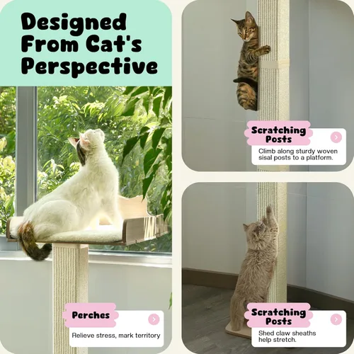 Miniatura 2 de Percha para ventana de gato con poste rascador de sisal grueso, hamaca para gatos para ventana, poste rascador alto ajustable de 53.5" para gatos