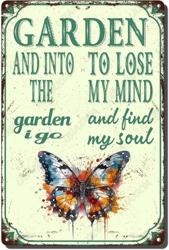 Miniatura 11 de LIUAXICIA Letreros divertidos de metal con texto en inglés "In The Garden to Lose My Mind and Find My Soul Bee Garden - Letreros de lata