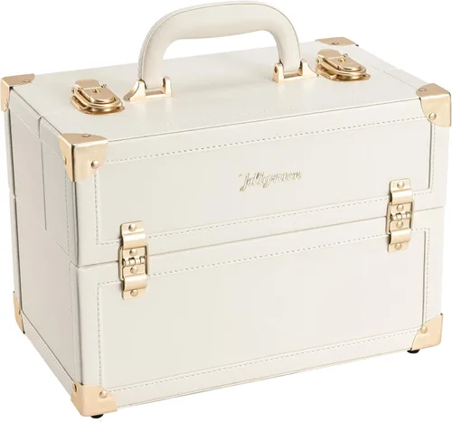 Joligrace - Estuche de maquillaje portátil grande con organizador de almacenamiento de cosméticos con cerradura, con 4 compartimentos de bandeja