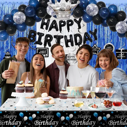 Miniatura 2 de Decoraciones de cumpleaños para niños, hombres, mujeres y niñas, decoración de fiesta de feliz cumpleaños azul y negro, pancarta de feliz