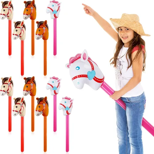 Miniatura 9 de Chivao 12 piezas inflables de palo de caballo linda cabeza de caballo, globo inflable colorido vaquero vaquera decoración de fiesta para fiesta Negro