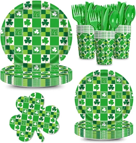 168 piezas de suministros para fiesta del día de San Patricio, platos de la suerte, servilletas, juego de vajilla de papel de trébol irlandés verde,