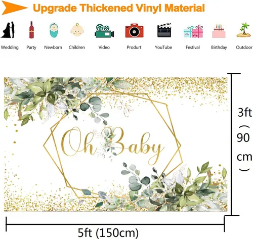 Miniatura 5 de InMemory Greenery Oh Baby Shower - Telón de fondo con purpurina de eucalipto dorado neutro para baby shower, fondo de fotografía de hojas verdes