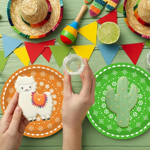 Miniatura 3 de 120 piezas de platos y servilletas para fiesta mexicana, juego de vajilla para decoración de fiesta del Cinco de Mayo para México, taco, carnaval