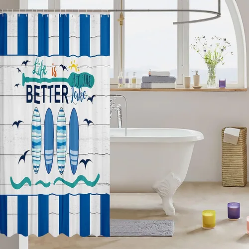 Miniatura 3 de Erosebridal Cortina de ducha náutica para niños y niñas, juego de cortinas de ducha de baño azul y blanco océano 72 x 72 pulgadas, cortina de ducha
