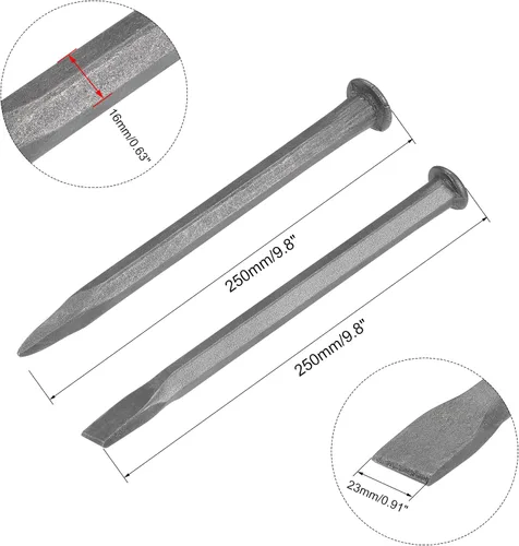 Miniatura 2 de uxcell Cincel de mampostería para roca 9.8 "plano+cabeza de talla puntiaguda arenado acero al carbono medio para tallar piedra romper hormigón 1