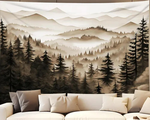 Miniatura 18 de QGHOT Tapiz de bosque brumoso, tapiz de montaña natural para colgar en la pared, paisaje de acuarela verde salvia, arte de pared para dormitorio