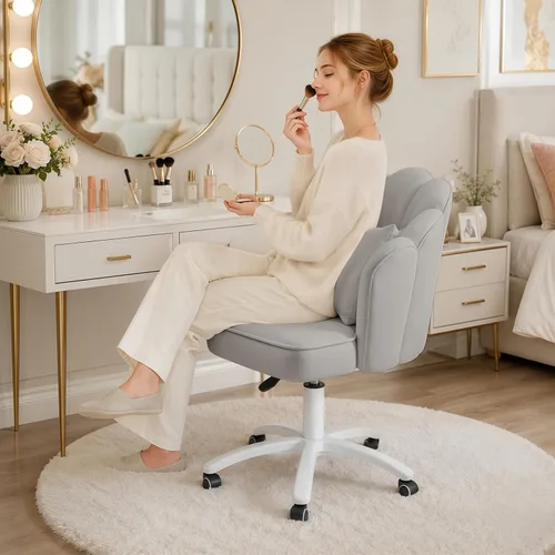 Miniatura 3 de Silla de tocador con ruedas, silla de escritorio de pétalos de terciopelo, silla tapizada para la oficina en casa, para mujeres y niñas, silla