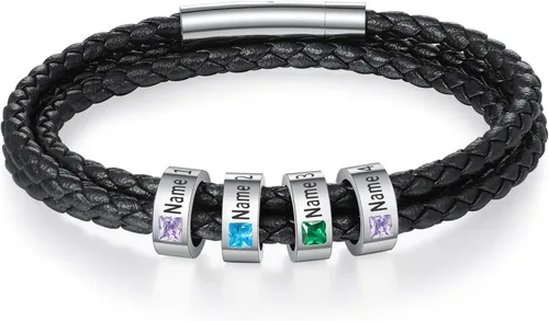 Miniatura 42 de Pulsera personalizada para el Día del Padre para hombre, pulseras personalizadas de cuero trenzado negro con cuentas grabadas de 1 a 8 nombres