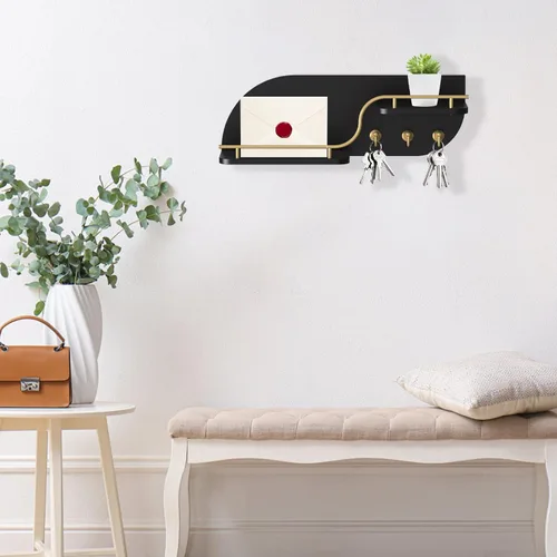 Miniatura 3 de Soporte para llaves de pared, organizador decorativo de llaves y correo con 3 ganchos de metal y 2 estantes, estante de llaves de madera montado