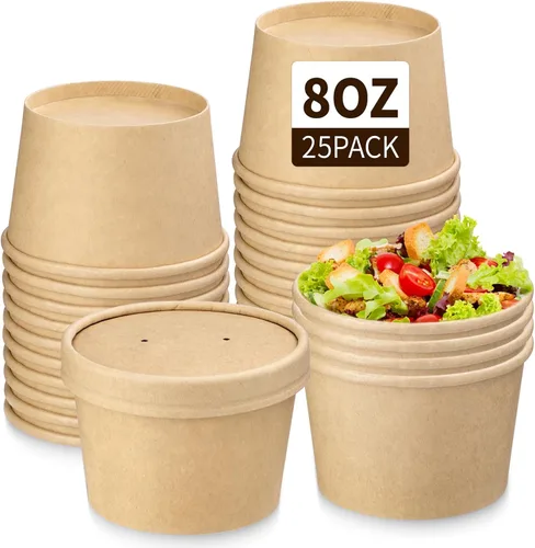 Miniatura 11 de Wuadua Paquete de 50 recipientes desechables de papel de 8 onzas con tapas, cuencos de sopa para llevar para fideos, ensalada, restaurante