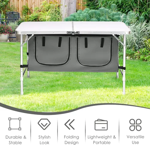 Miniatura 8 de GYMAX Mesa de campamento plegable con almacenamiento, mesa plegable de aluminio portátil de altura ajustable, mesa de cocina ligera para campamento