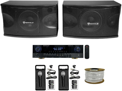 (2) Rockville KPS80 altavoces vocales de karaoke de 8 pulgadas + mezclador amplificador Bluetooth + (2) micrófonos + Rockville R14GSBR100 rojo/negro