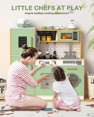 Miniatura 8 de Babytronic Juego de cocina de madera para niños, cocina de juego interactiva con luces y sonidos, juego de cocina de juguete para niños con grifo