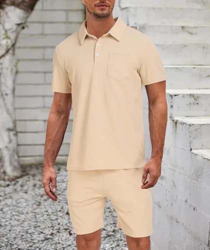 Miniatura 3 de Conjunto de camisa polo y pantalones cortos para hombre, conjunto de 2 piezas, de verano, casual, de punto gofre, de manga corta, para hombre