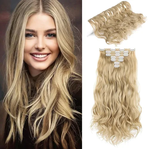 Extensiones de cabello ondulado con clip, de 24 pulgadas de largo y grueso, extensiones de cabello sintético de doble trama, doble trama, rubio 7
