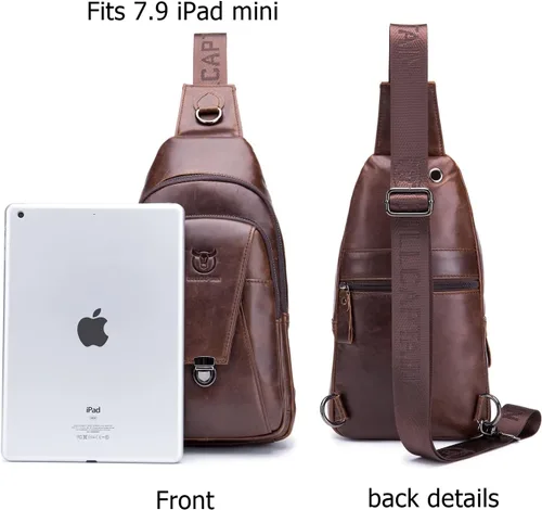 Miniatura 3 de BULLCAPTAIN Mochila cruzada de cuero genuino para hombre, mochila de senderismo al aire libre, bolsa de pecho de viaje
